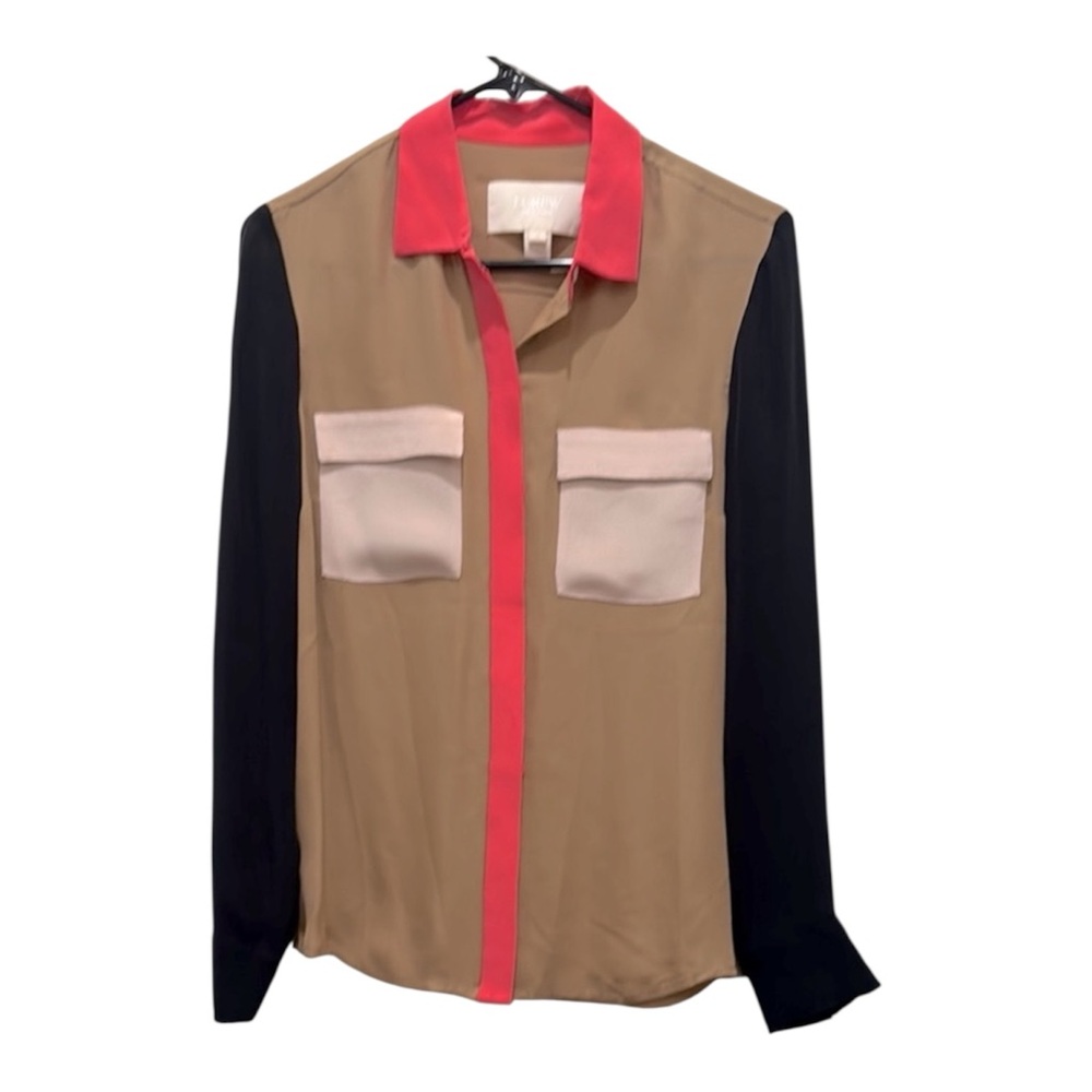 J. Crew Collection Size 2 Tan, Pink and Black Color Block 100% Silk Blouse